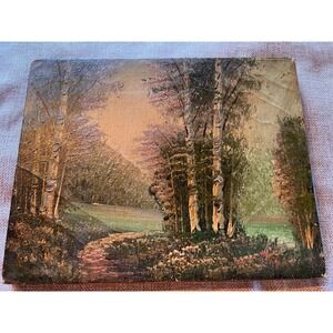 Antique Vintage Oil Painting Signed Coe Landscape Trees Lake 10"x 7.75"